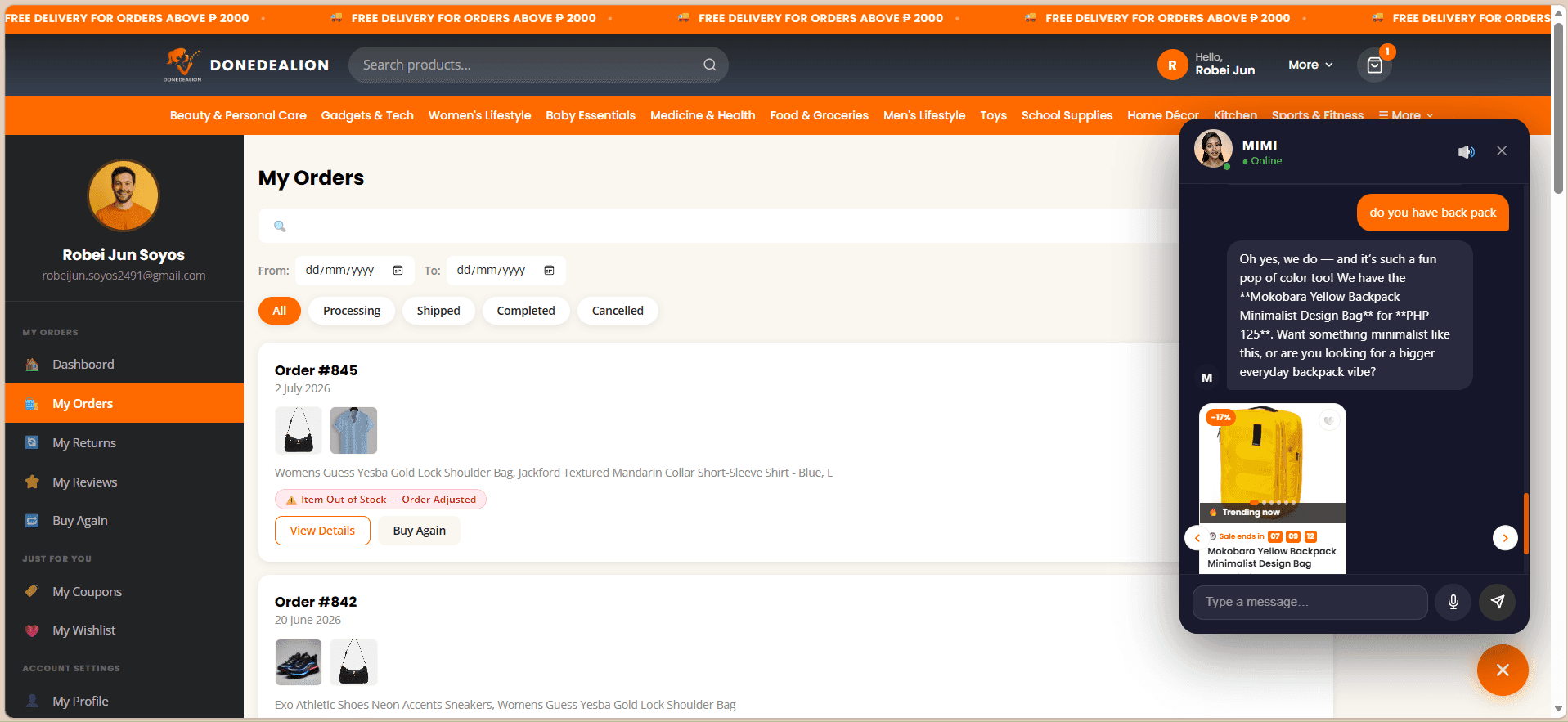 Mimi conversational shopping interface with live product suggestions