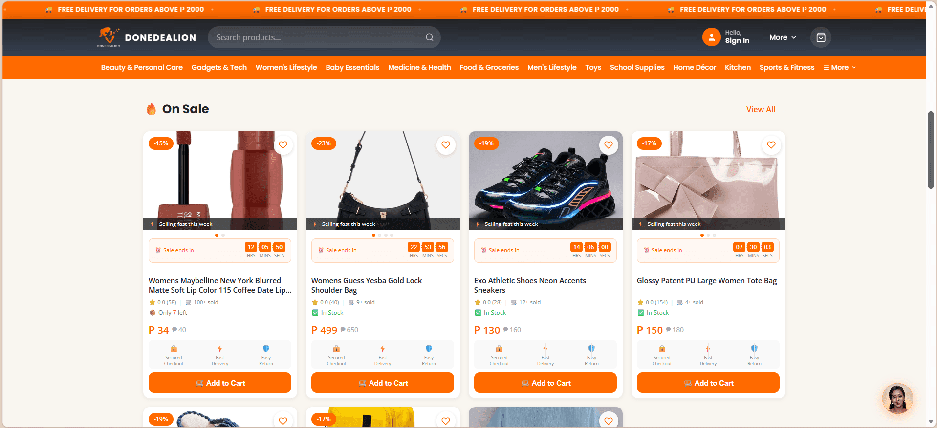 DoneDealion storefront showing product cards and shopping sections