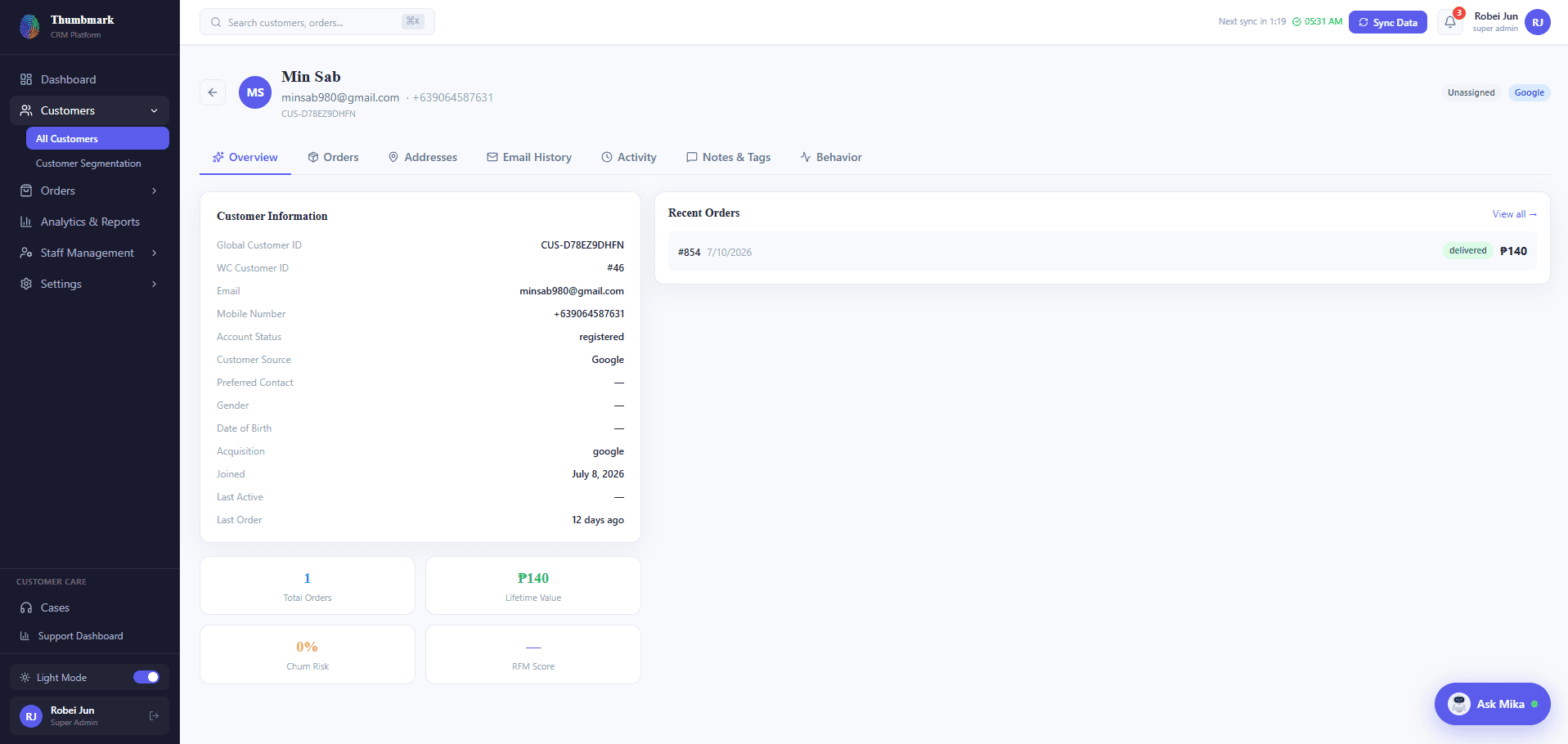 Thumbmark Customer 360 workspace with identity, commerce, communication, and activity context