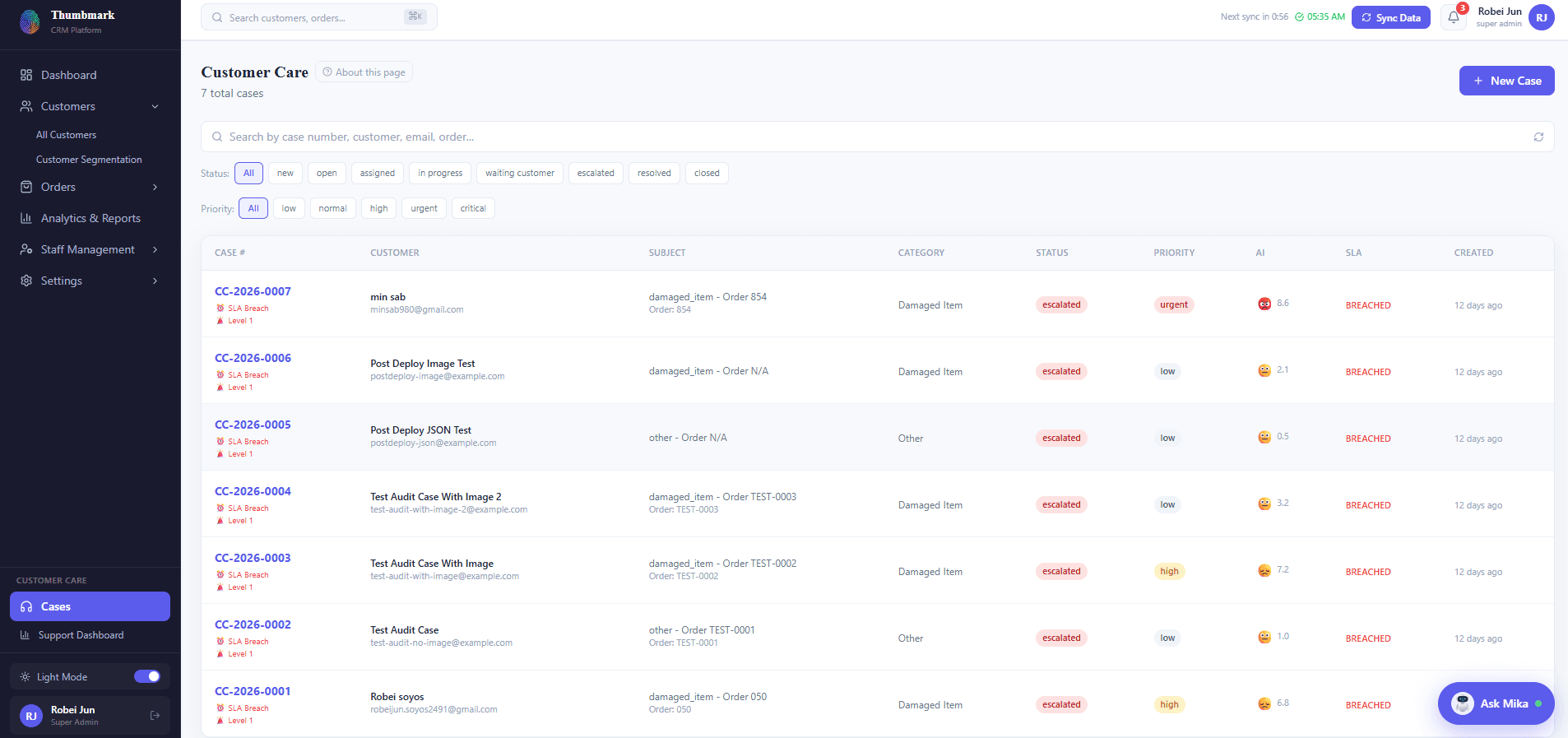 Thumbmark Customer Care workspace for structured complaint and case operations
