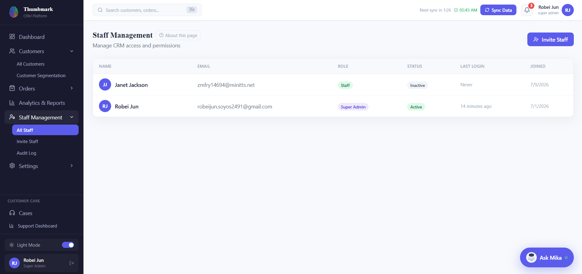 Thumbmark staff management workspace with roles and account administration