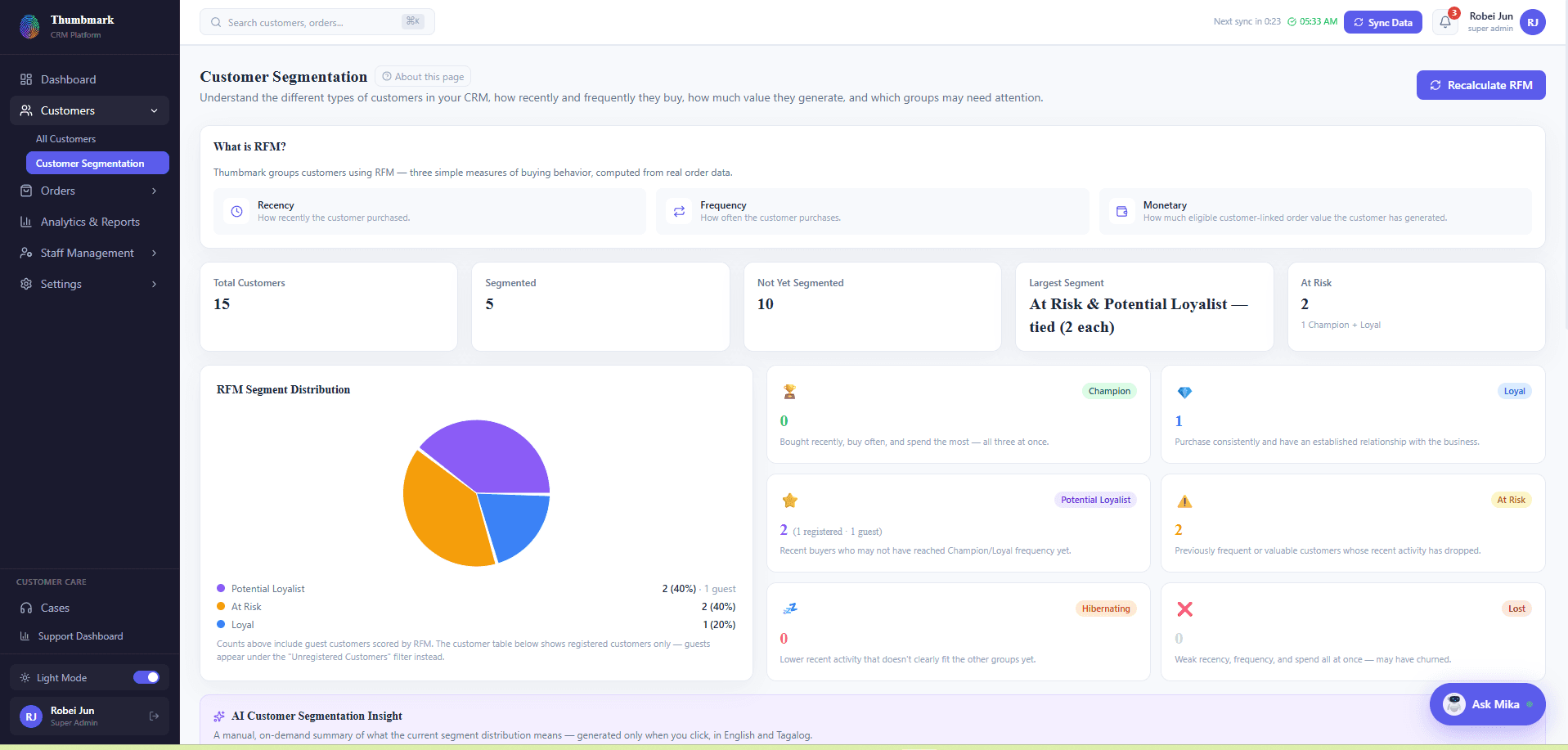 Thumbmark customer segmentation workspace showing RFM-based customer groups